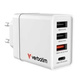 Verbatim 49701 USB Įkroviklis 30W 4-Port USB-A, USB-C, EU Plug, Balta
