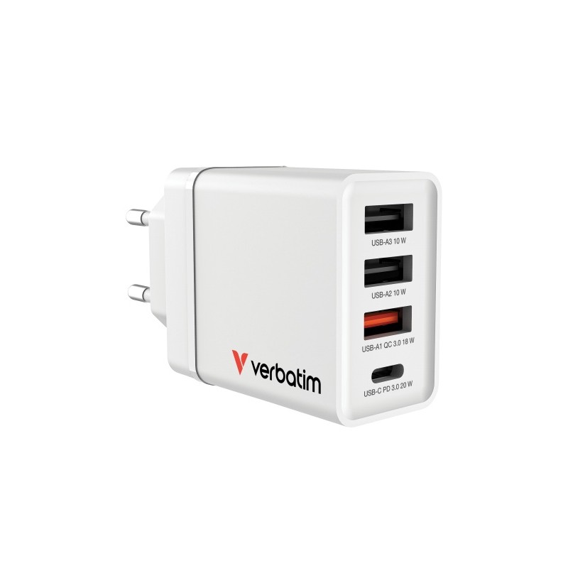 Verbatim 49701 USB Įkroviklis 30W 4-Port USB-A, USB-C, EU Plug, Balta
