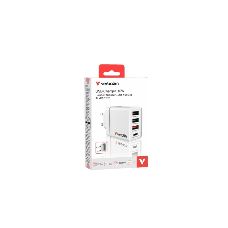 Verbatim 49701 USB Įkroviklis 30W 4-Port USB-A, USB-C, EU Plug, Balta