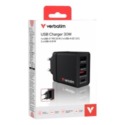 Verbatim 49700 USB Įkroviklis 30W 4-Port USB-A, USB-C, EU Plug, Juoda