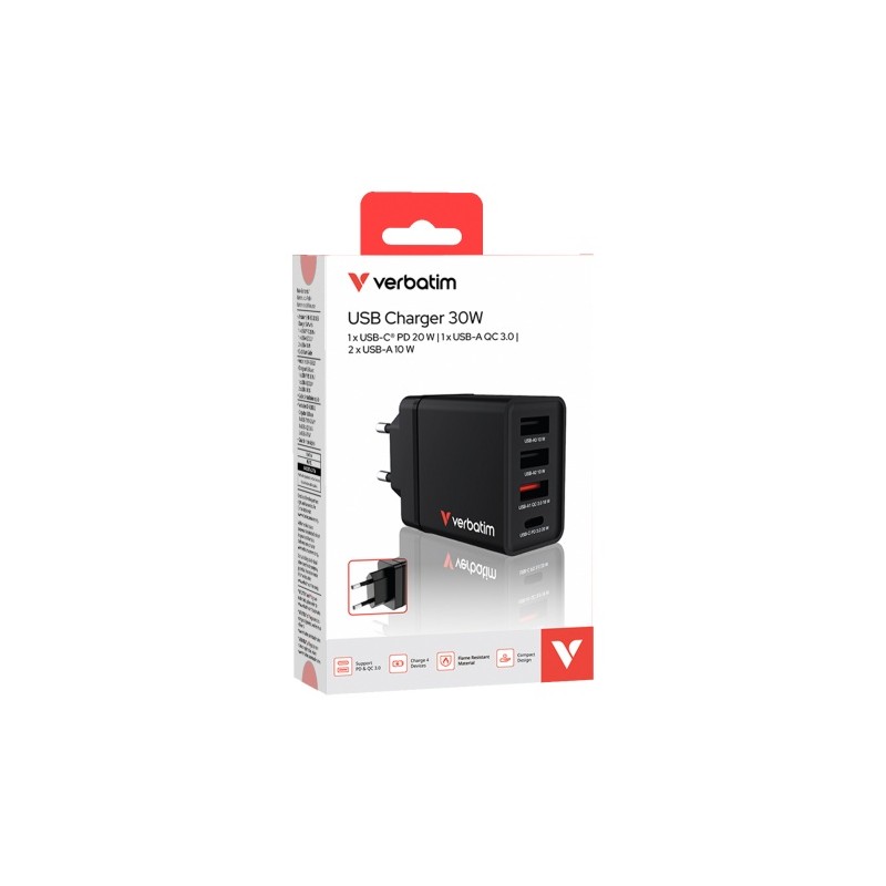 Verbatim 49700 USB Įkroviklis 30W 4-Port USB-A, USB-C, EU Plug, Juoda