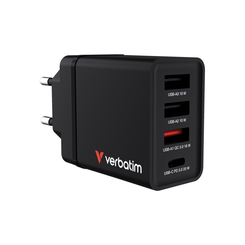 Verbatim 49700 USB Įkroviklis 30W 4-Port USB-A, USB-C, EU Plug, Juoda
