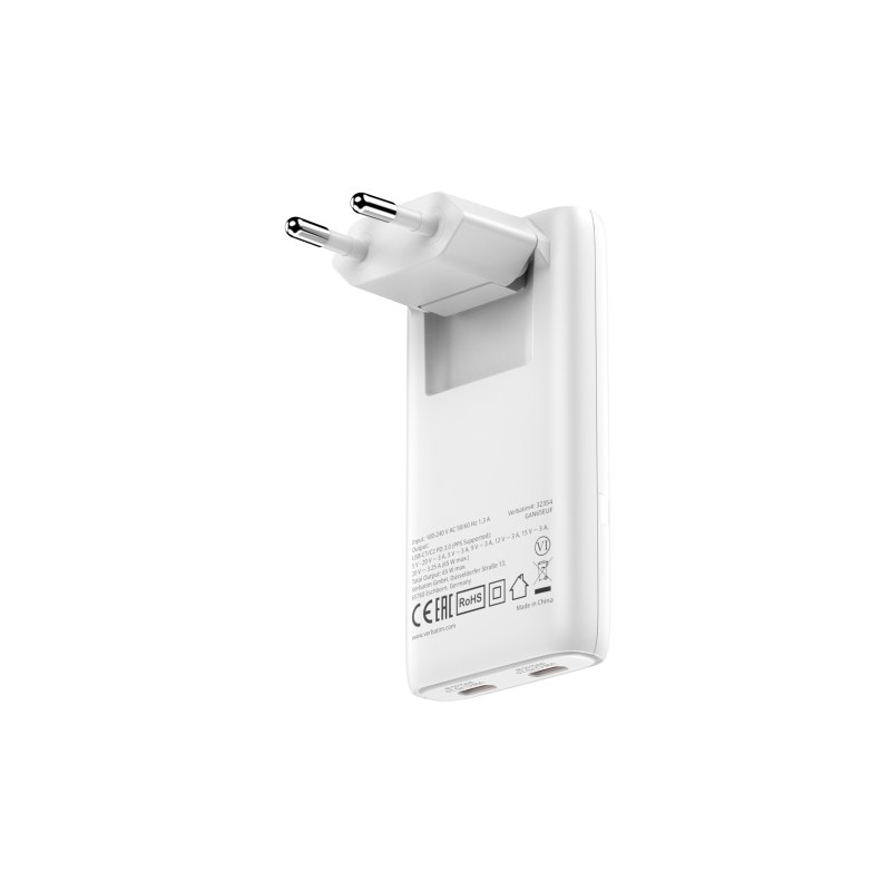 Verbatim 32355 Fold 'n' Go GaN Įkroviklis 65W 2-Port, USB-C, EU Plug, Balta