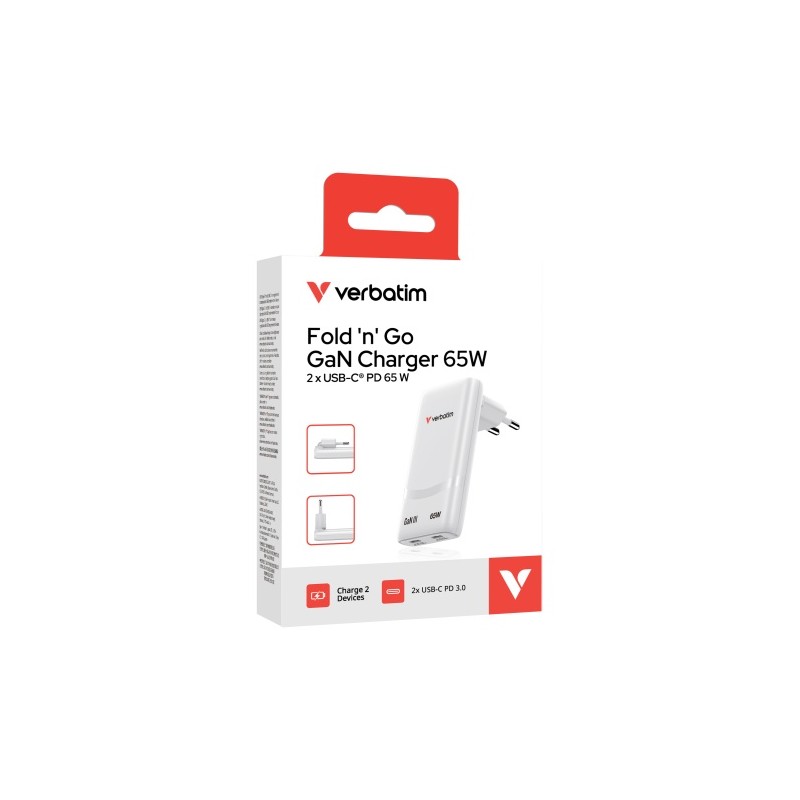 Verbatim 32355 Fold 'n' Go GaN Įkroviklis 65W 2-Port, USB-C, EU Plug, Balta