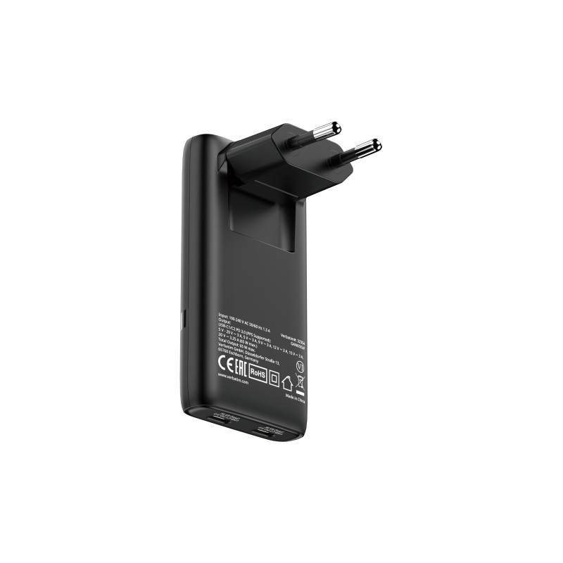 Verbatim 32354 Fold 'n' Go GaN Įkroviklis 65W 2-Port, USB-C, EU Plug, Juoda