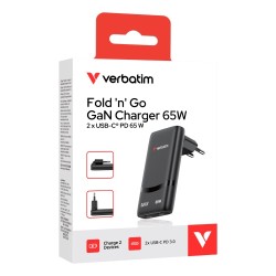 Verbatim 32354 Fold 'n' Go GaN Įkroviklis 65W 2-Port, USB-C, EU Plug, Juoda