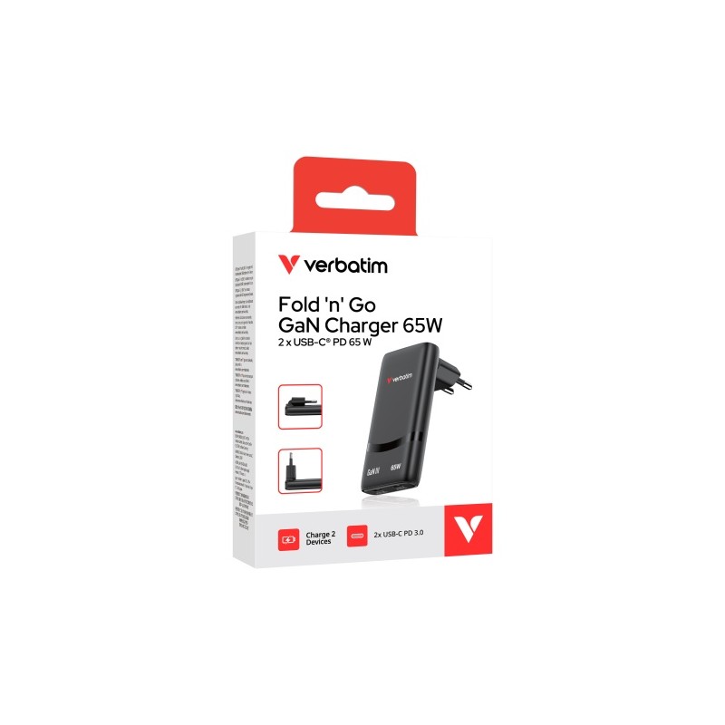 Verbatim 32354 Fold 'n' Go GaN Įkroviklis 65W 2-Port, USB-C, EU Plug, Juoda