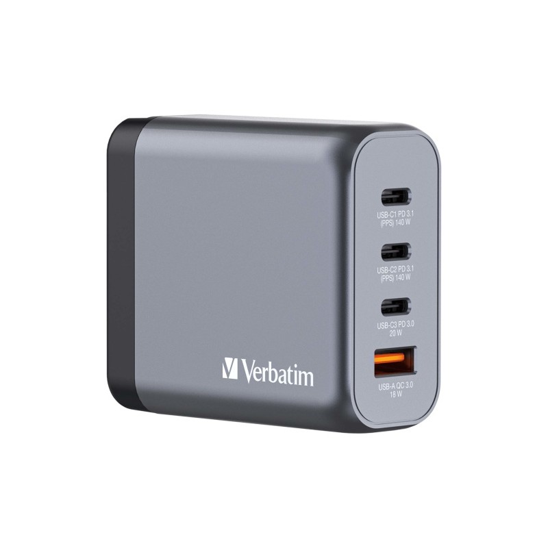 Verbatim 32203 GaN Įkroviklis 140W 4-Port, USB-A/USB-C, EU/UK/US Plug, Pilka/Juoda