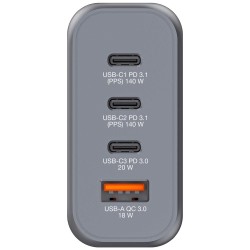 Verbatim 32203 GaN Įkroviklis 140W 4-Port, USB-A/USB-C, EU/UK/US Plug, Pilka/Juoda