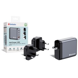 Verbatim 32203 GaN Įkroviklis 140W 4-Port, USB-A/USB-C, EU/UK/US Plug, Pilka/Juoda