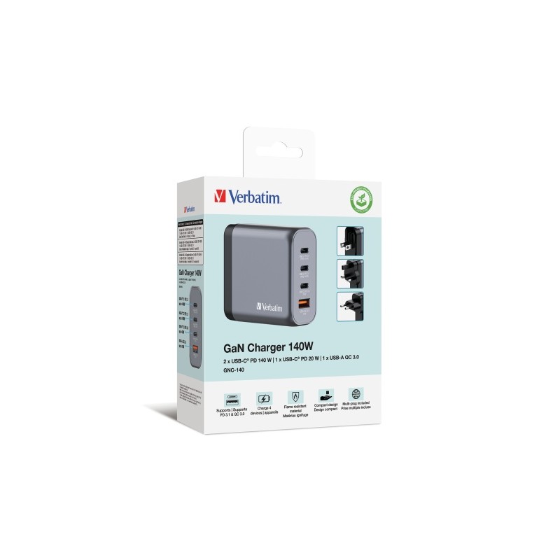 Verbatim 32203 GaN Įkroviklis 140W 4-Port, USB-A/USB-C, EU/UK/US Plug, Pilka/Juoda