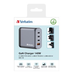 Verbatim 32203 GaN Įkroviklis 140W 4-Port, USB-A/USB-C, EU/UK/US Plug, Pilka/Juoda