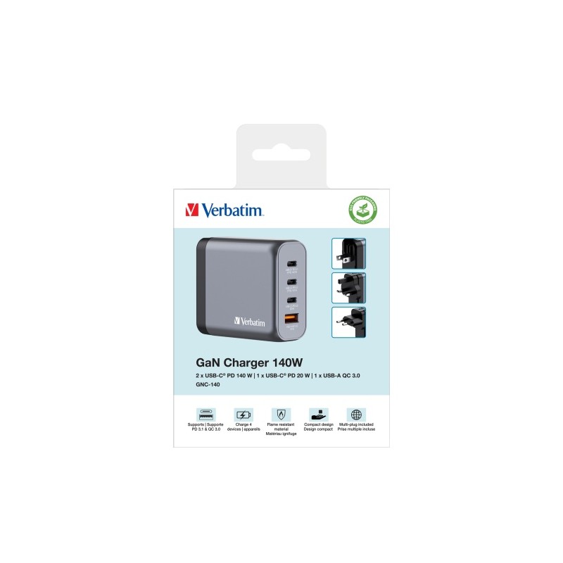 Verbatim 32203 GaN Įkroviklis 140W 4-Port, USB-A/USB-C, EU/UK/US Plug, Pilka/Juoda