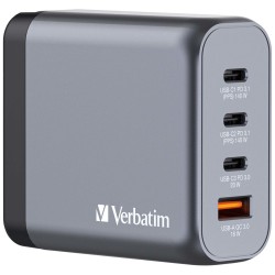 Verbatim 32203 GaN Įkroviklis 140W 4-Port, USB-A/USB-C, EU/UK/US Plug, Pilka/Juoda