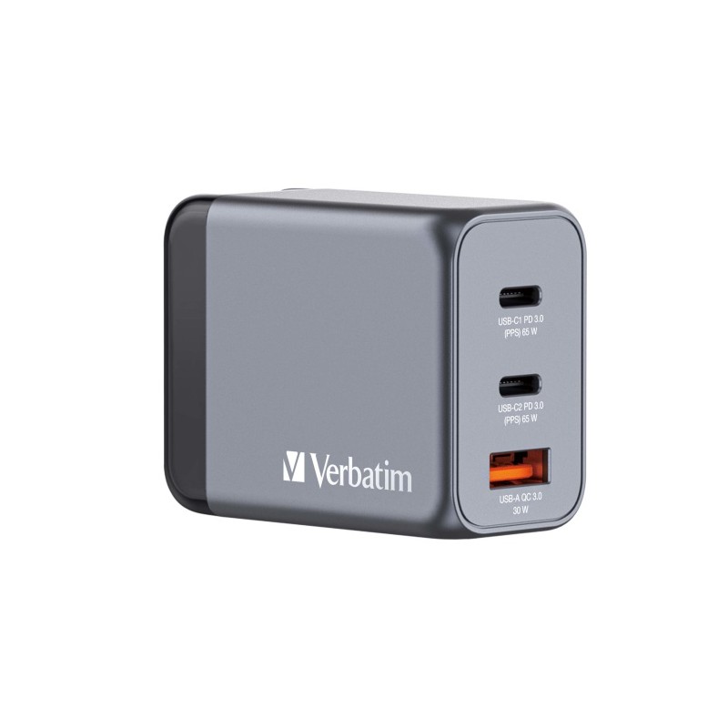 Verbatim 32201 GaN Įkroviklis 65W 3-Port, USB-A/USB-C, EU/UK/US Plug, Pilka/Juoda