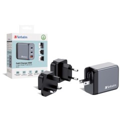 Verbatim 32201 GaN Įkroviklis 65W 3-Port, USB-A/USB-C, EU/UK/US Plug, Pilka/Juoda