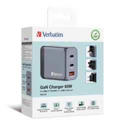 Verbatim 32201 GaN Įkroviklis 65W 3-Port, USB-A/USB-C, EU/UK/US Plug, Pilka/Juoda