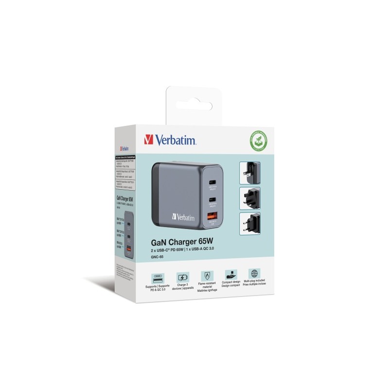Verbatim 32201 GaN Įkroviklis 65W 3-Port, USB-A/USB-C, EU/UK/US Plug, Pilka/Juoda