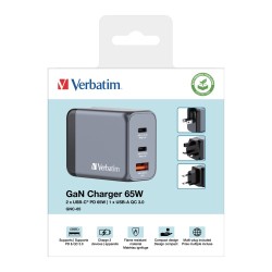Verbatim 32201 GaN Įkroviklis 65W 3-Port, USB-A/USB-C, EU/UK/US Plug, Pilka/Juoda