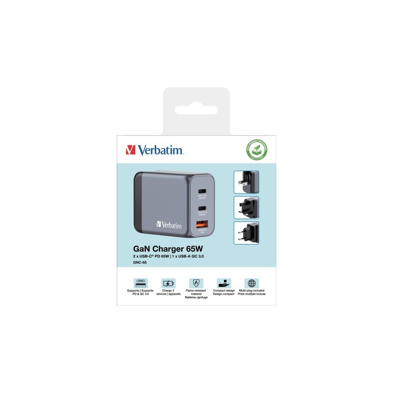 Verbatim 32201 GaN Įkroviklis 65W 3-Port, USB-A/USB-C, EU/UK/US Plug, Pilka/Juoda