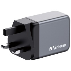 Verbatim 32201 GaN Įkroviklis 65W 3-Port, USB-A/USB-C, EU/UK/US Plug, Pilka/Juoda