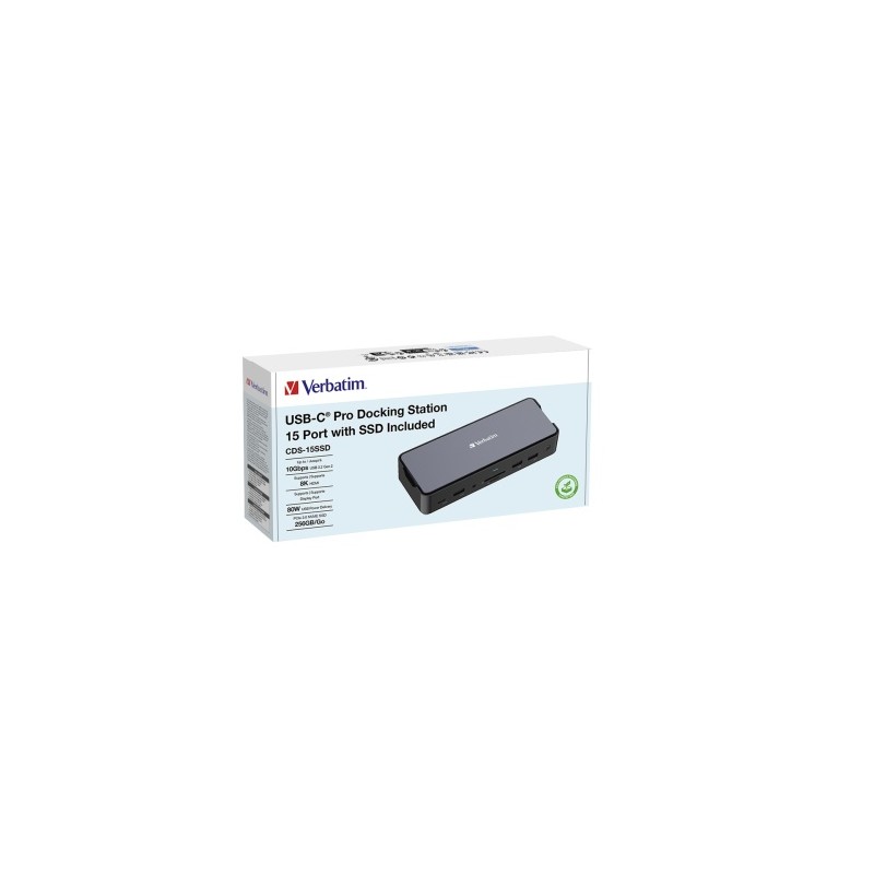 Verbatim 32174 CDS-15SSD USB-C Pro Jungčių stotelė 15 Ports, 256GB SSD, Pilka/Juoda