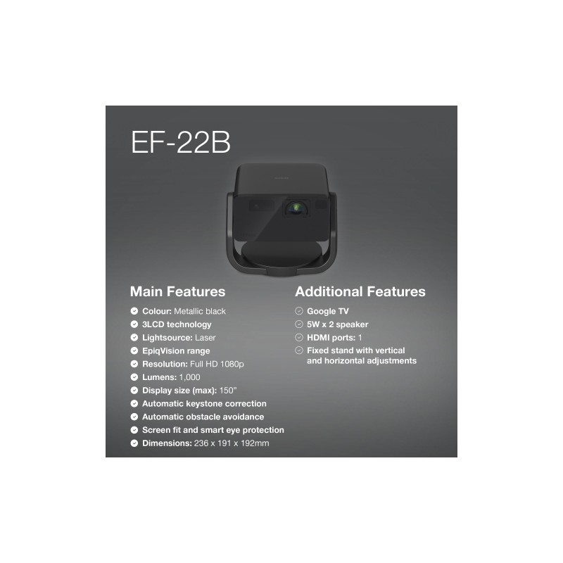 Epson EF-22B Projektorius 3LCD FHD 1920x1080, 500 ANSI lumens, USB, Juoda