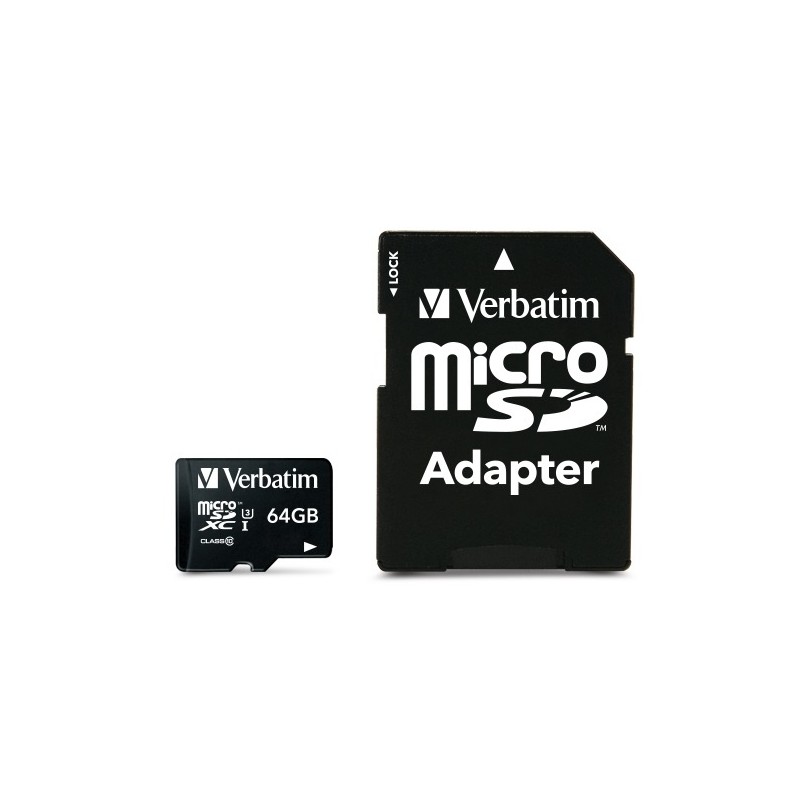 Verbatim 47042 Pro U3 Micro SDXC Atminties kortelė 64GB + microSD į SD Adapteris