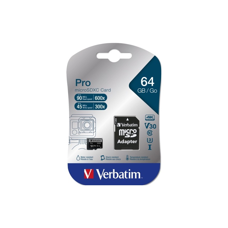 Verbatim 47042 Pro U3 Micro SDXC Atminties kortelė 64GB + microSD į SD Adapteris