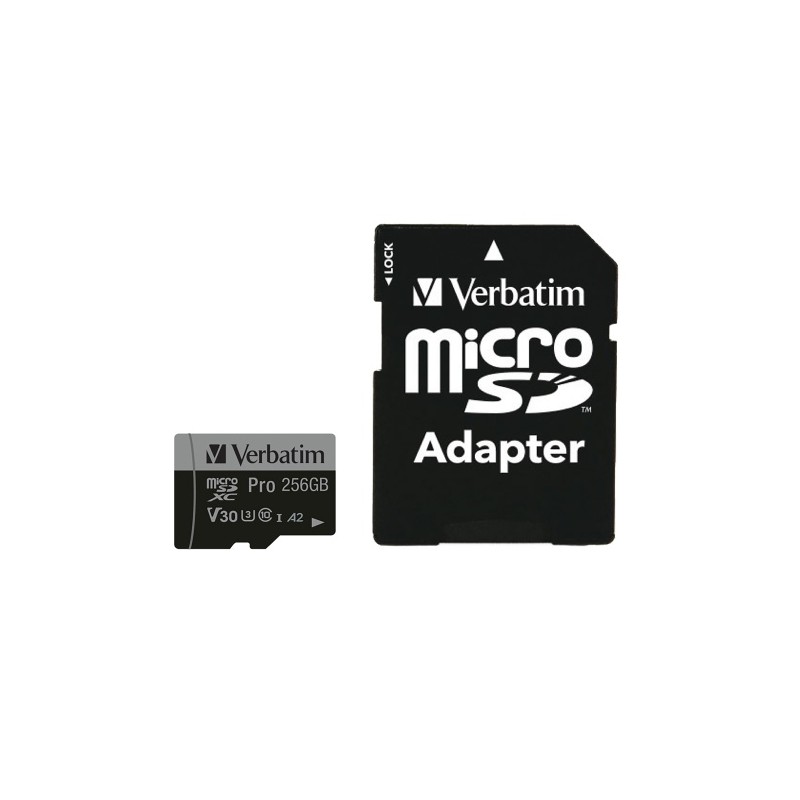Verbatim 47045 Pro U3 Micro SDXC Atminties kortelė 256GB + microSD į SD Adapteris