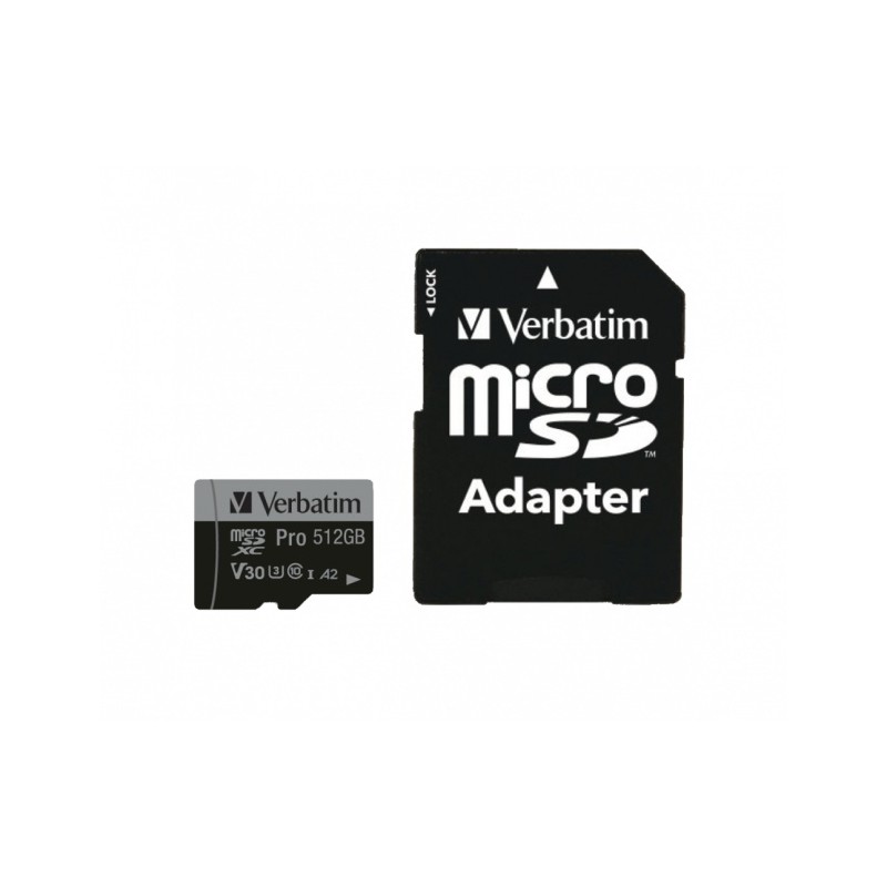 Verbatim 47046 Pro U3 Micro SDXC Atminties kortelė 512GB + microSD į SD Adapteris
