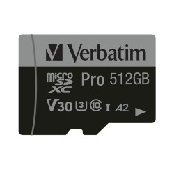 Verbatim 47046 Pro U3 Micro SDXC Atminties kortelė 512GB + microSD į SD Adapteris