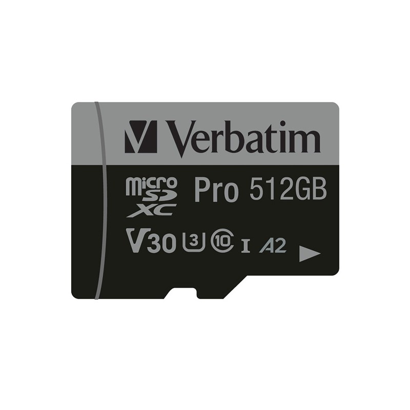 Verbatim 47046 Pro U3 Micro SDXC Atminties kortelė 512GB + microSD į SD Adapteris
