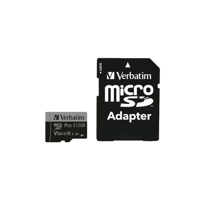 Verbatim 47046 Pro U3 Micro SDXC Atminties kortelė 512GB + microSD į SD Adapteris