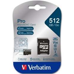 Verbatim 47046 Pro U3 Micro SDXC Atminties kortelė 512GB + microSD į SD Adapteris