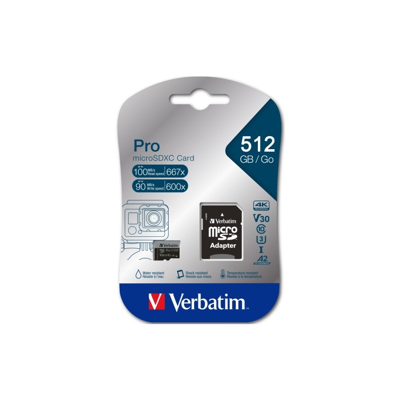 Verbatim 47046 Pro U3 Micro SDXC Atminties kortelė 512GB + microSD į SD Adapteris