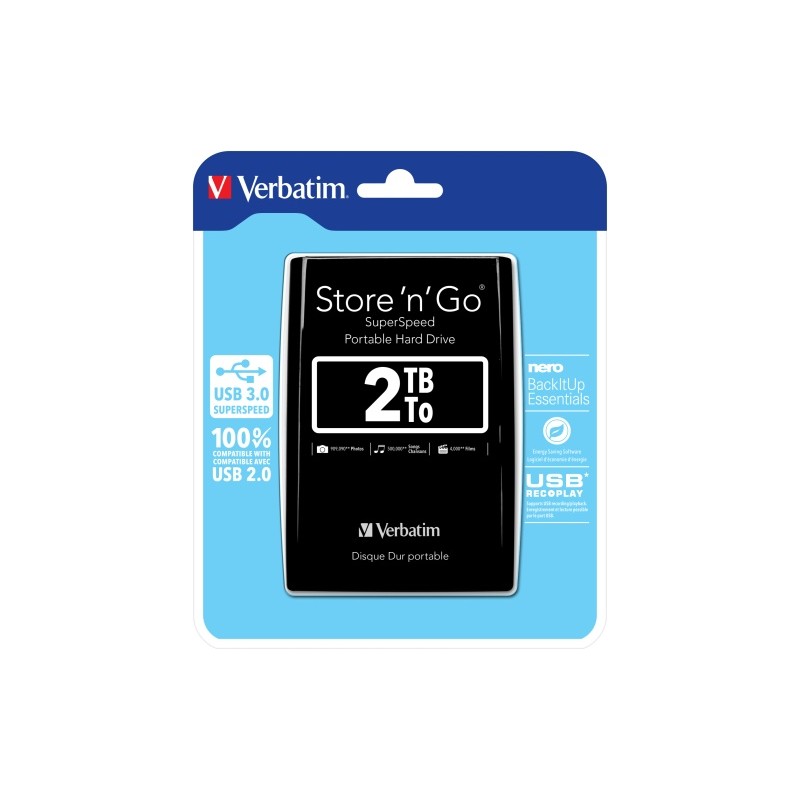 Verbatim 53177 Store 'n' Go USB 3.0 Išorinis kietasis diskas HDD 2TB, iki 4800 Mbit/s 5400rpm, Juoda