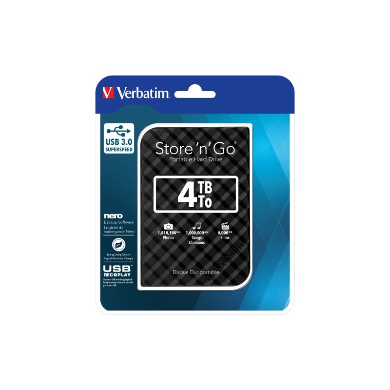 Verbatim 53223 Store 'n' Go USB 3.0 Išorinis kietasis diskas HDD 4TB, iki 4800 Mbit/s 5400rpm, Juoda
