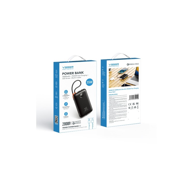 Veger K2 (W2068) Išorinė baterija (Power Bank) 20000mAh, 35W PD, Juoda
