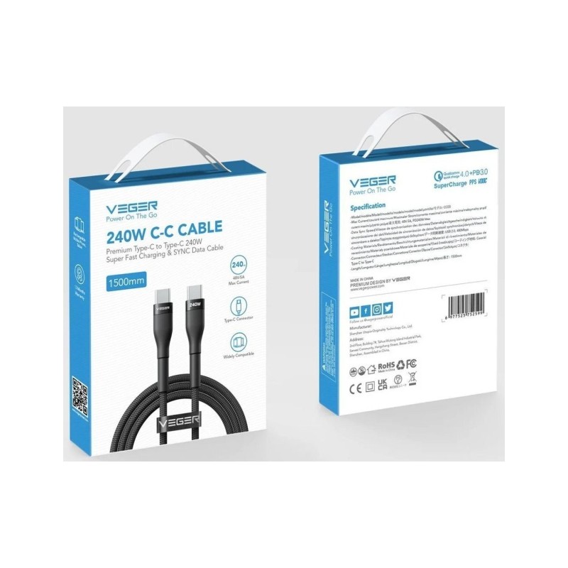 Veger Kabelis USB-C to USB-C PD 48V 5A 240W CC03 1.5m, Juoda