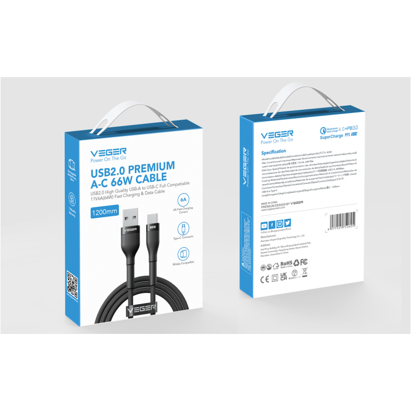 Veger Kabelis USB-A to USB-C PD 11V 6A 66W AC04 1.2m, Juoda