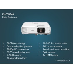 Epson EH-TW840 Projektorius 3LCD FHD 1920x1080, 4000 lumens, USB, Balta