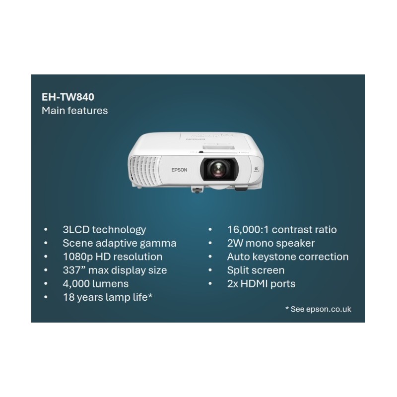 Epson EH-TW840 Projektorius 3LCD FHD 1920x1080, 4000 lumens, USB, Balta