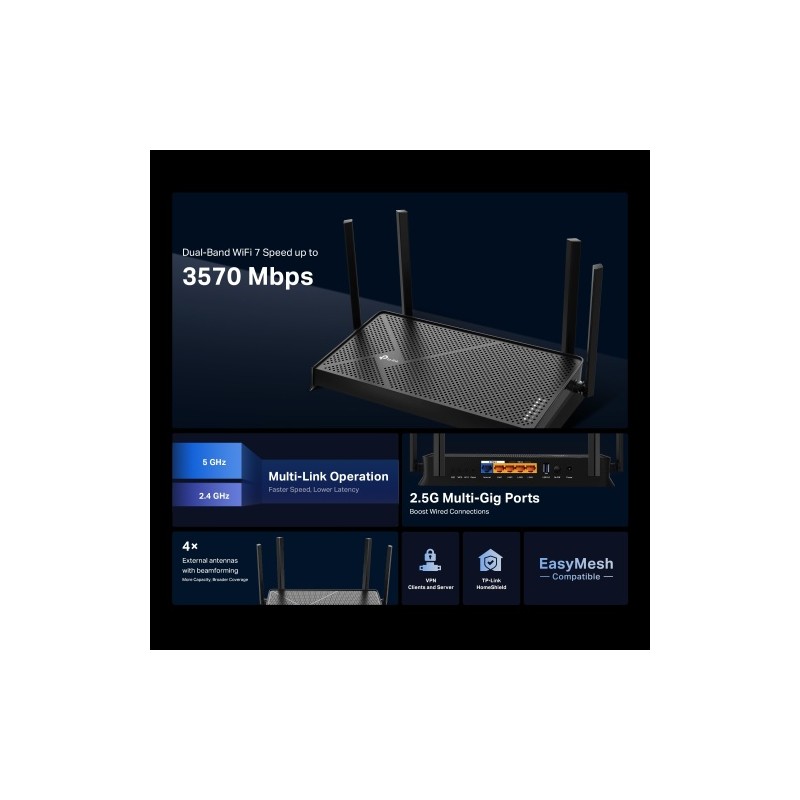 TP-Link Archer BE230 BE3600 Dual-Band Wi-Fi 7 Maršrutizatorius
