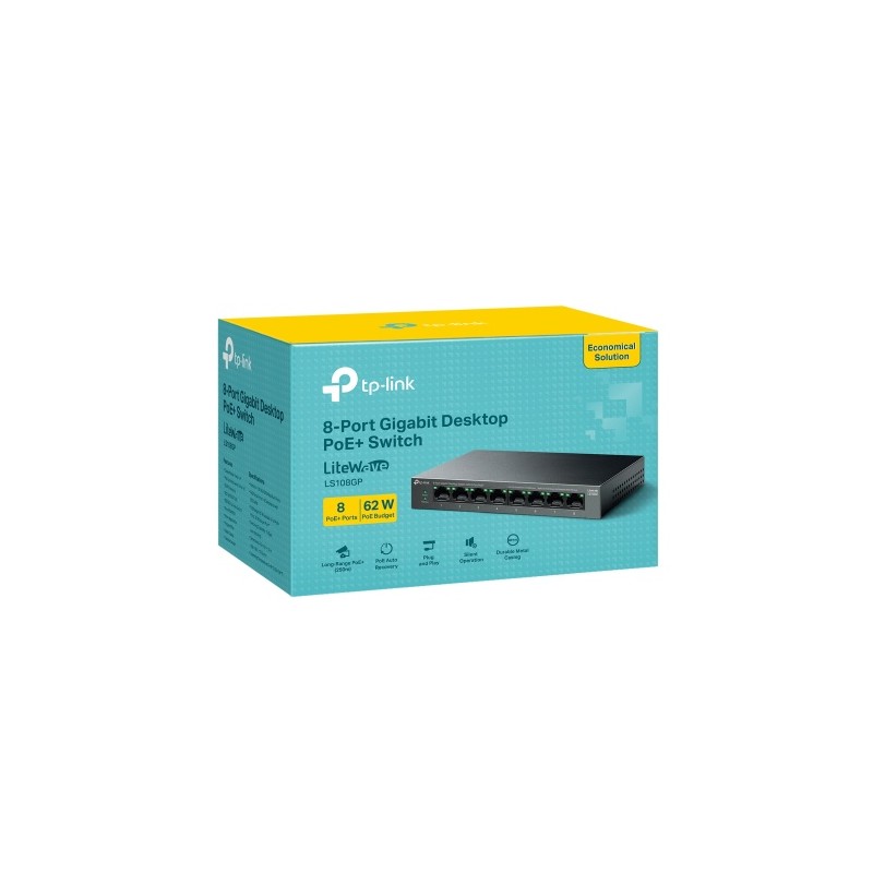 TP-Link LS108GP 8-Port Gigabit Desktop Šakotuvas su 8-Port PoE+