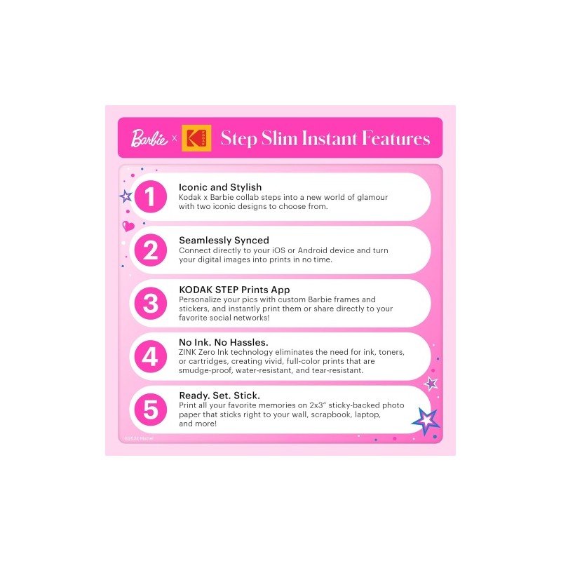 Barbie x Kodak STEP Slim Momentinis mobilus nuotraukų spausdintuvas Colour ZINK 2x3'' 1ppm, BT, Pink