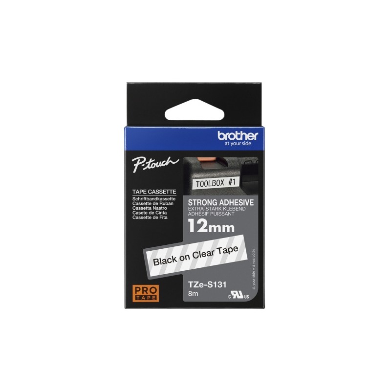 Brother TZe-S131 (TZeS131) Ženklinimo juostelė, Strong Adhesive, Black on Clear, 12mm 8m