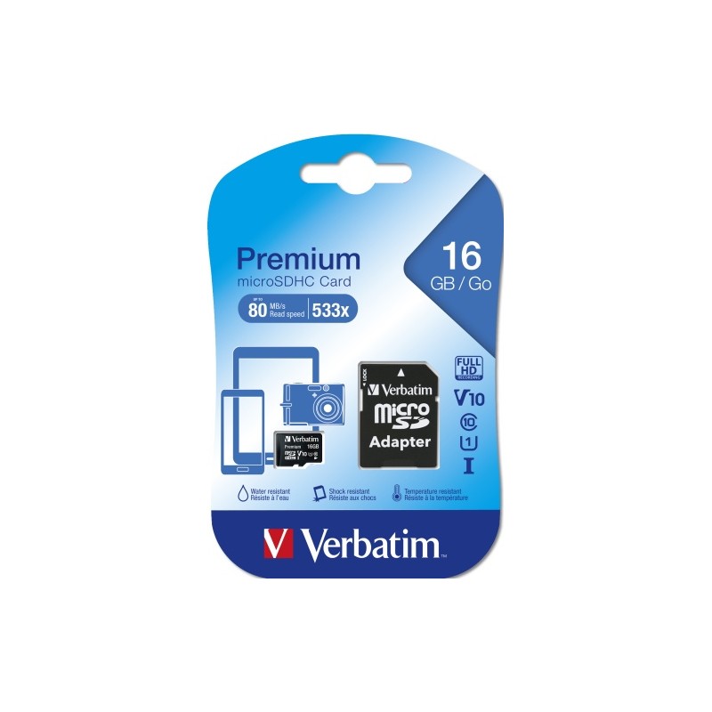 Verbatim 44082 Premium U1 Micro SDHC Atminties kortelė 16GB + microSD į SD Adapteris