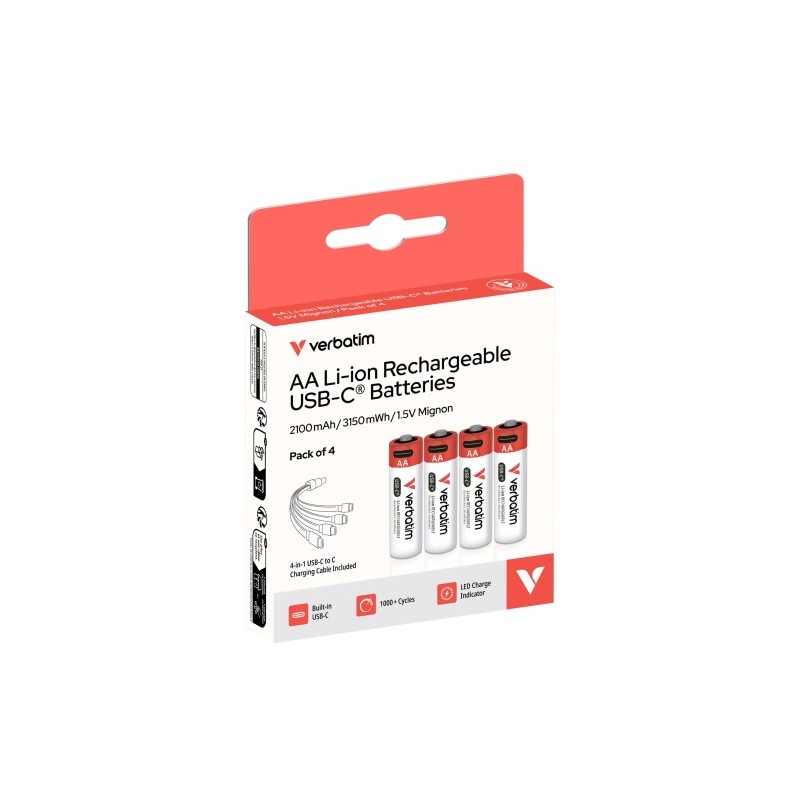 Verbatim 30249 USB-C Įkraunamos baterijos Li-ion AA 2100mAh (4 vnt pakuotėje)