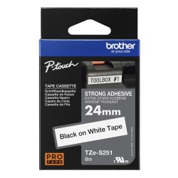 Brother TZe-S251 (TZeS251) Laminuota ženklinimo juostelė, Strong Adhesive, Black on White, 24mm 8m